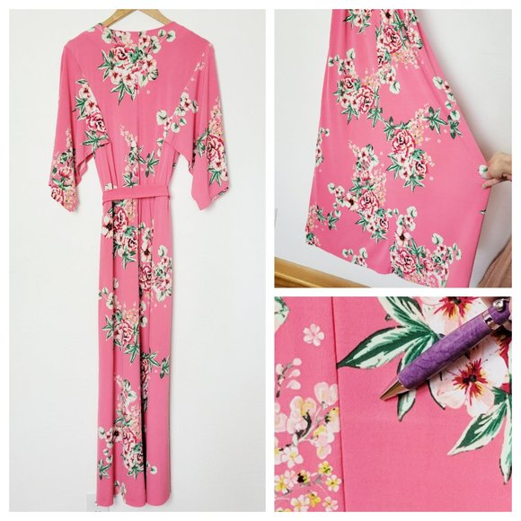 !!SOLD!! New York & Company Pink Floral Belted Maxi Dress w Kimono Style Sleeves - Picture 8 of 16